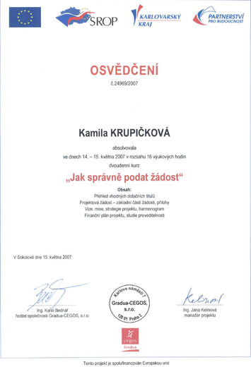 Osvědčení Kamila Krupočková