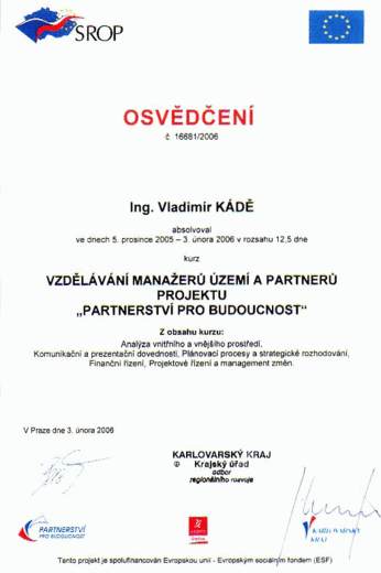 Osvědčení Ing. Vladimír Kádě