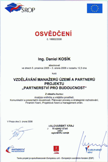 Osvědčení Ing. Daniel Kosík
